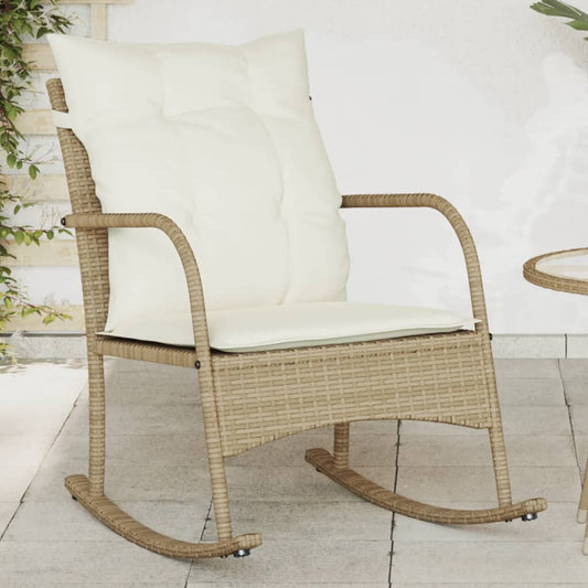 Sedia a Dondolo da Giardino con Cuscini in Polyrattan Beige