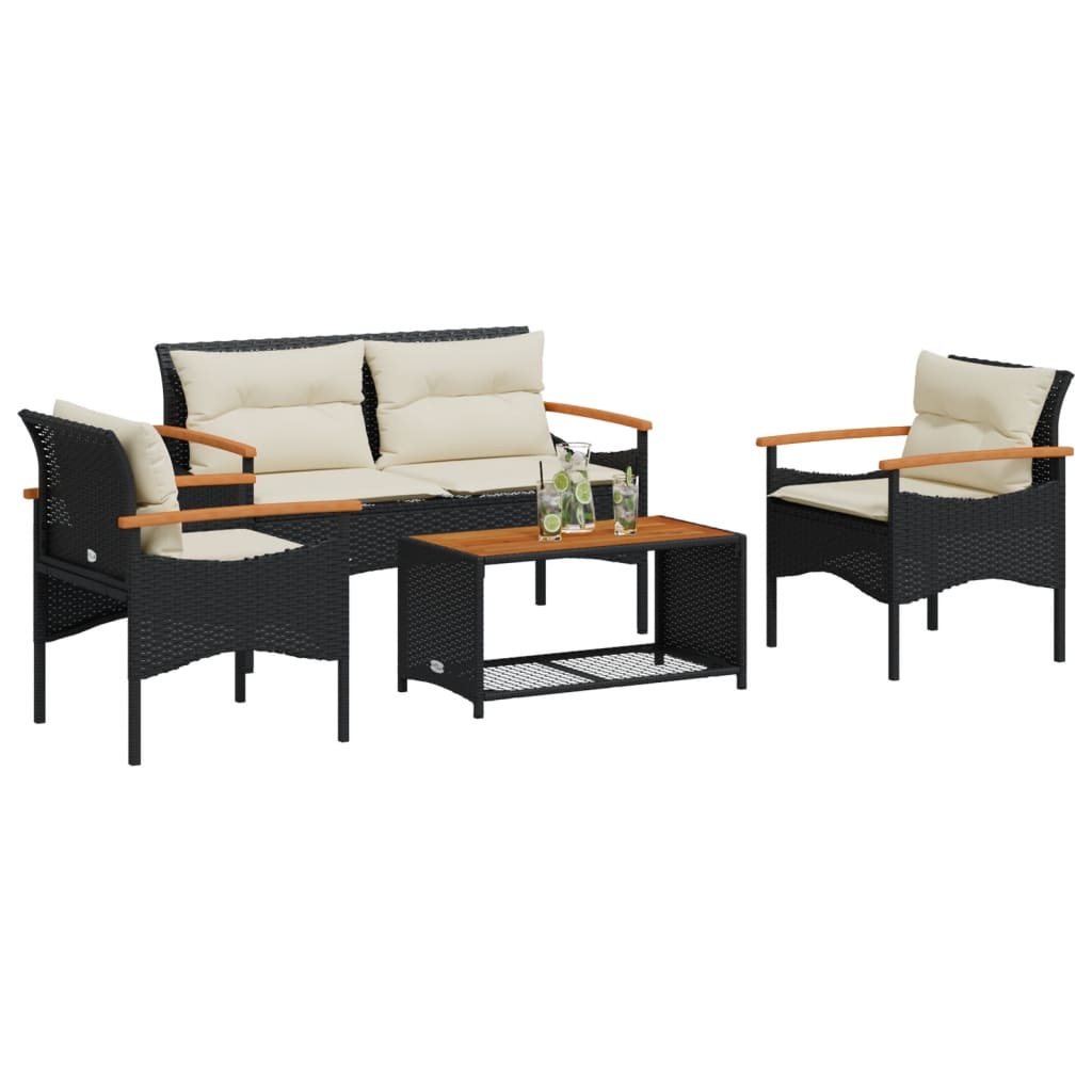 Set Divani da Giardino 4 pz con Cuscini Nero in Polyrattan | homemem39