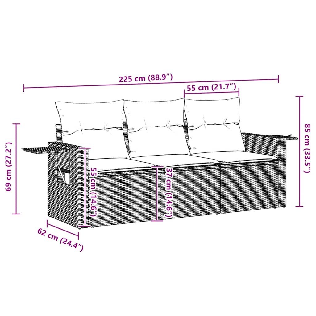 Set Divano da Giardino 3 pz con Cuscini Marrone in Polyrattan