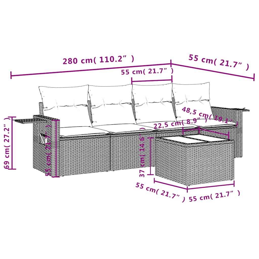 Set Divani da Giardino 5 pz con Cuscini in Polyrattan Nero | homemem39