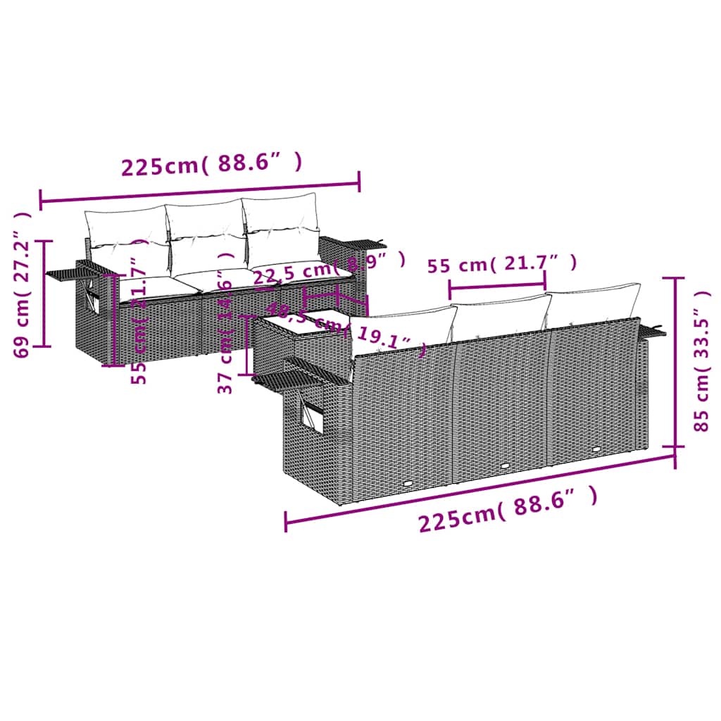 Set Divani da Giardino 7 pz con Cuscini Grigio in Polyrattan