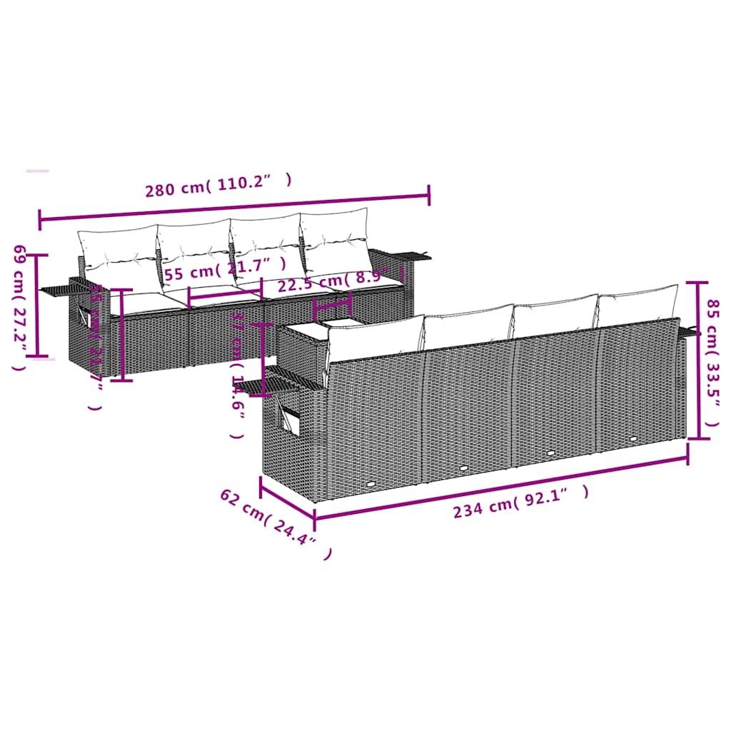 Set Divani da Giardino 9 pz con Cuscini Marrone in Polyrattan | homemem39