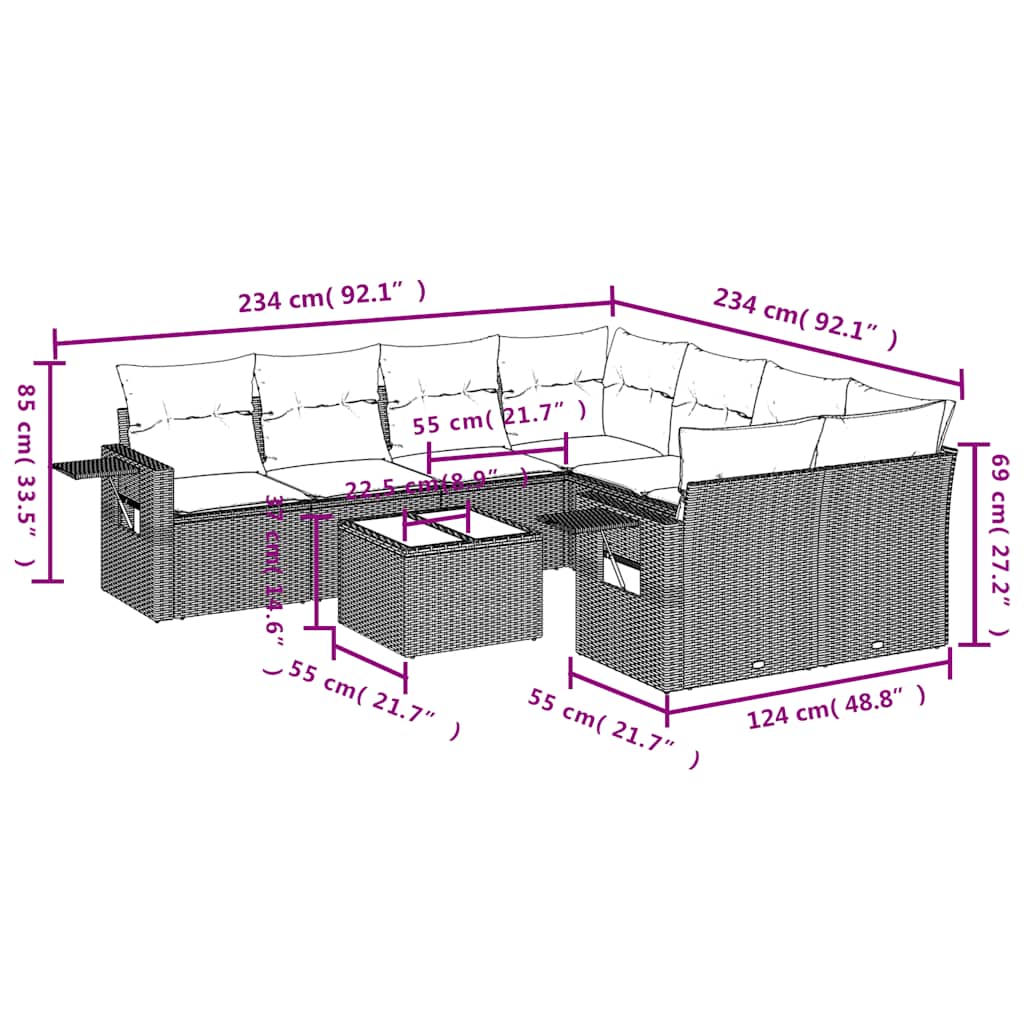 Set Divani da Giardino 9 pz con Cuscini Nero in Polyrattan | homemem39