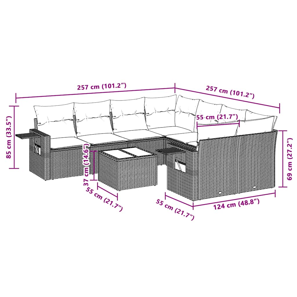 Set Divano da Giardino 9pz con Cuscini Grigio Chiaro Polyrattan - homemem39