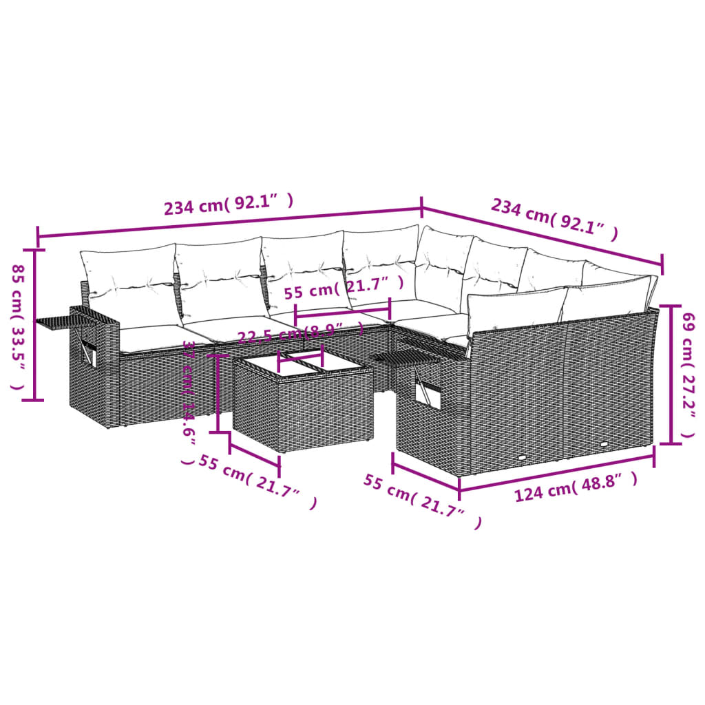 Set Divani da Giardino 9pz con Cuscini Marrone in Polyrattan