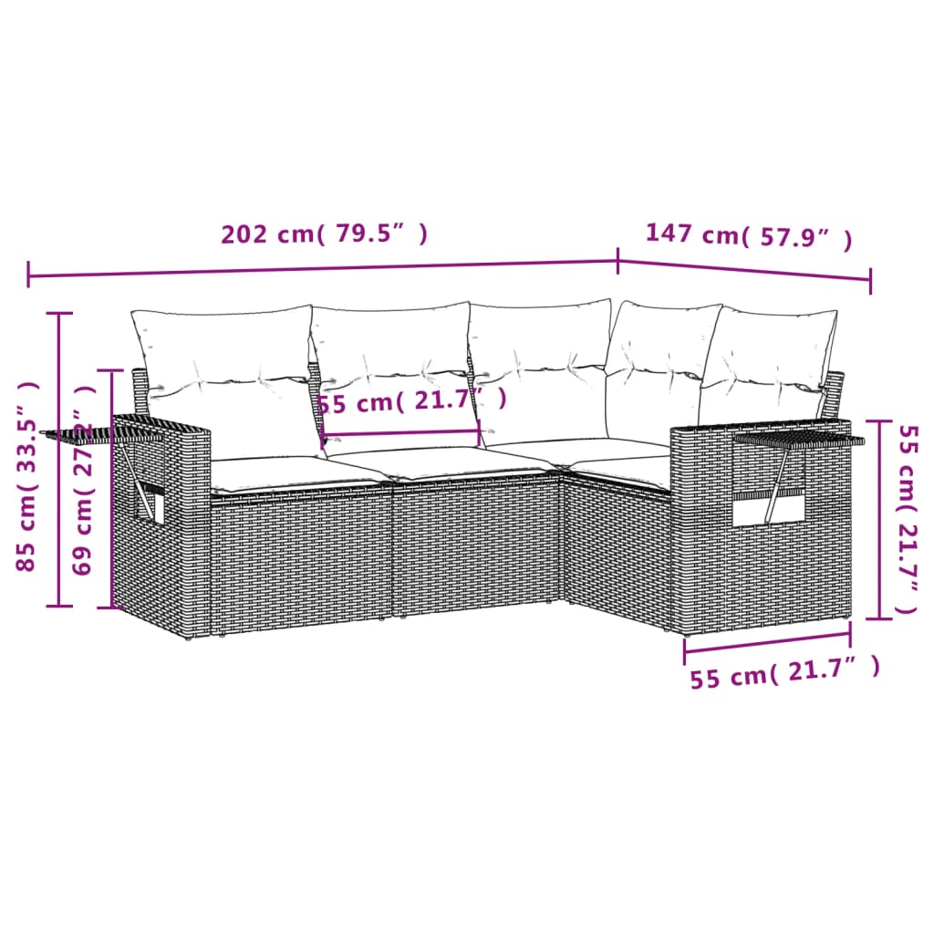 Set Divani da Giardino 4 pz con Cuscini Nero in Polyrattan | homemem39