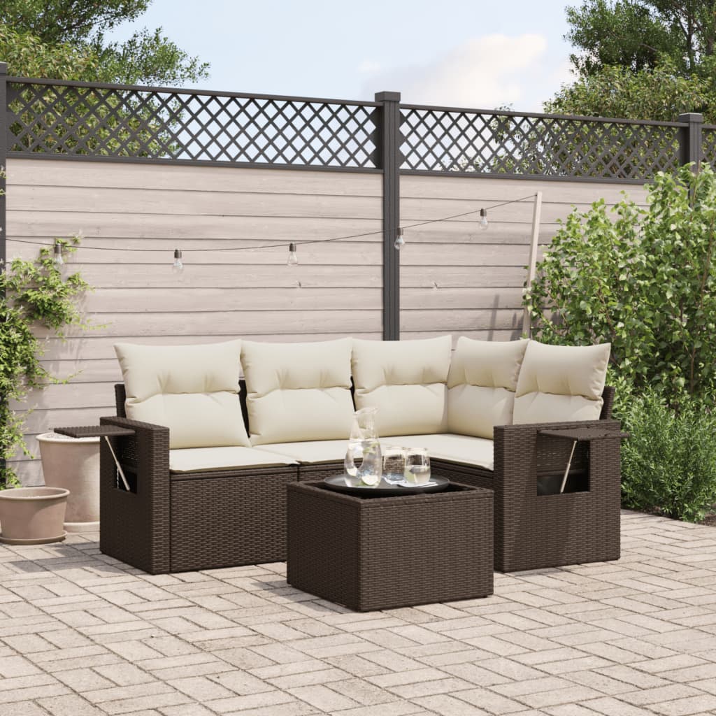Set Divano da Giardino 5 pz con Cuscini Marrone in Polyrattan - homemem39