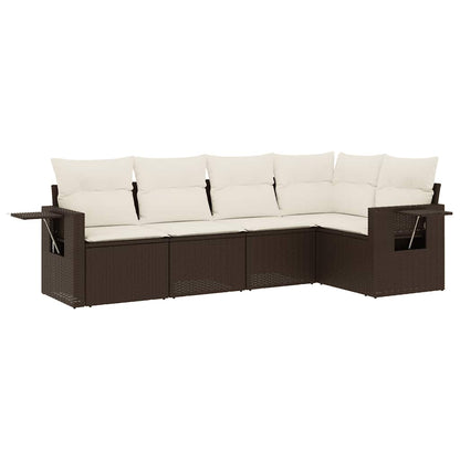 Set Divano da Giardino 5 pz con Cuscini Marrone in Polyrattan