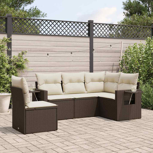 Set Divano da Giardino 5 pz con Cuscini Marrone in Polyrattan - homemem39