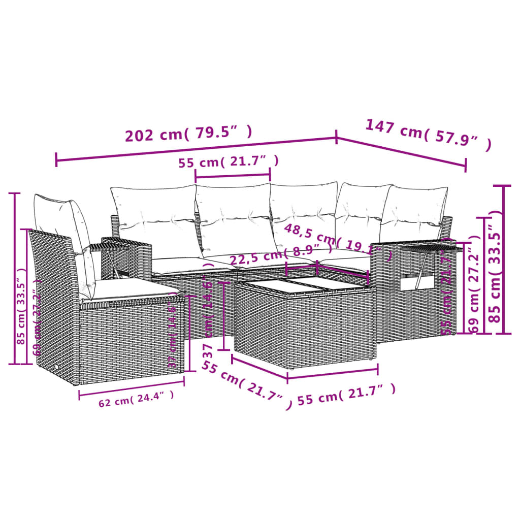 Set Divano da Giardino 6 pz con Cuscini Nero in Polyrattan | homemem39