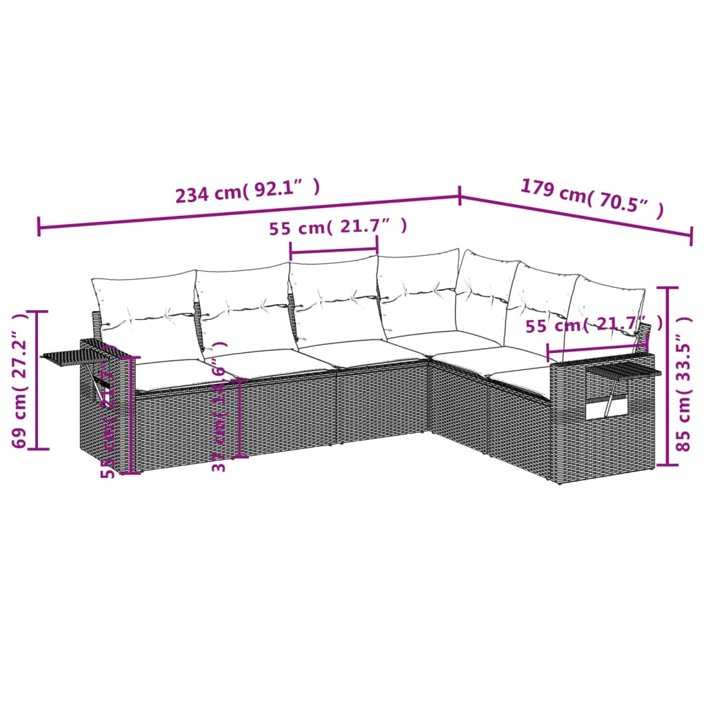 Set Divano da Giardino 6 pz con Cuscini Nero in Polyrattan