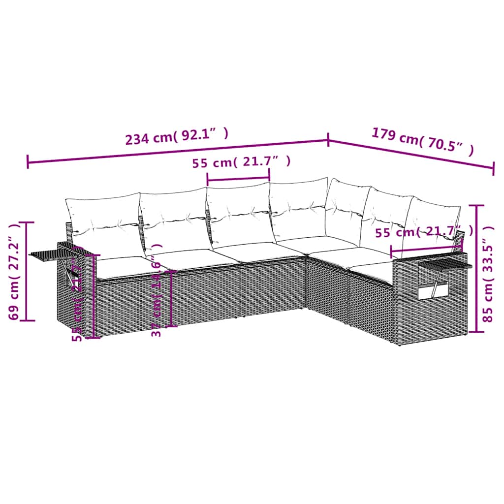 Set Divani da Giardino 6 pz con Cuscini Grigio in Polyrattan
