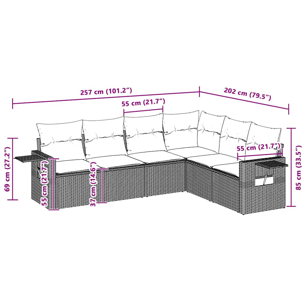Set Divano da Giardino 6pz con Cuscini Grigio Chiaro Polyrattan