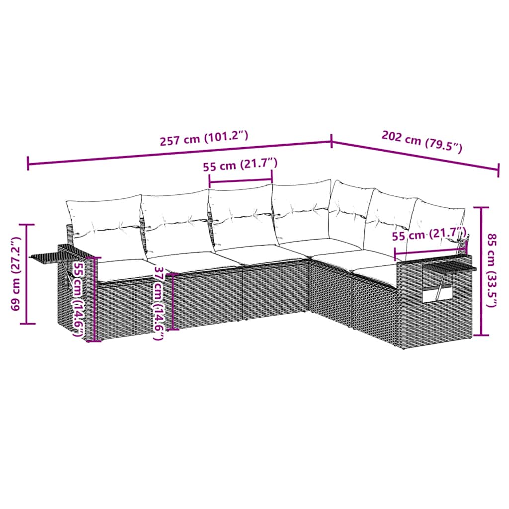Set Divano da Giardino 6 pz con Cuscini Marrone in Polyrattan