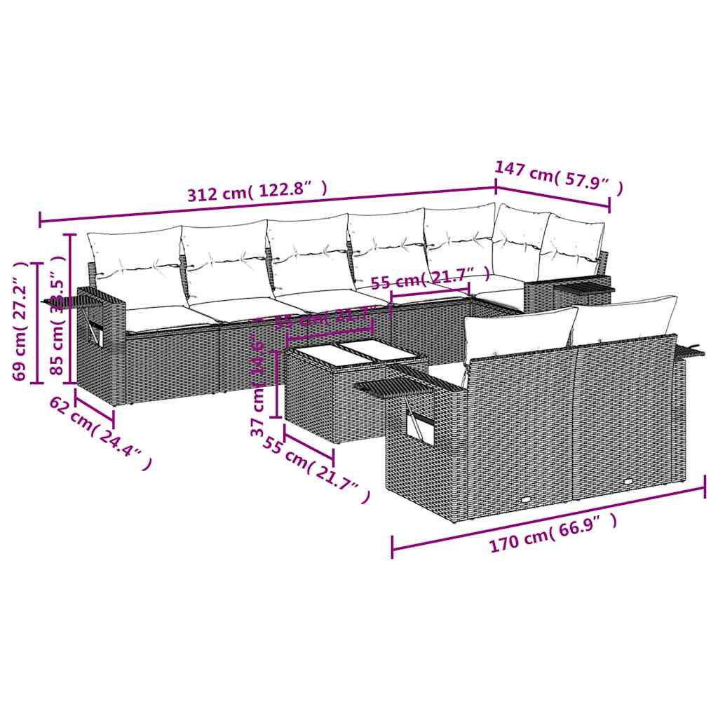 Set Divani da Giardino 9 pz con Cuscini Nero in Polyrattan