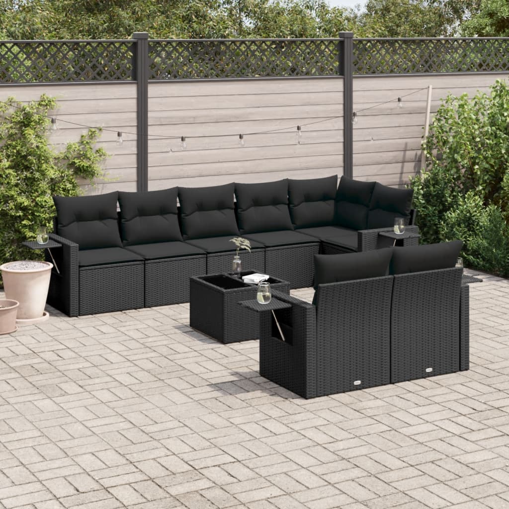 Set Divani da Giardino 9 pz con Cuscini Nero in Polyrattan - homemem39