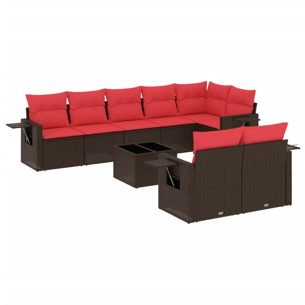 Set Divani da Giardino 9 pz con Cuscini Marrone in Polyrattan