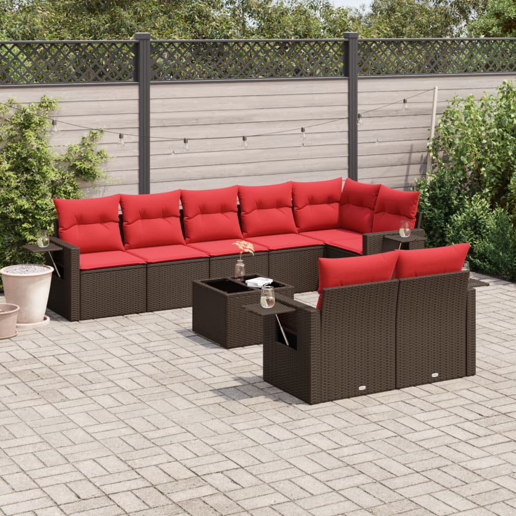 Set Divani da Giardino 9 pz con Cuscini Marrone in Polyrattan