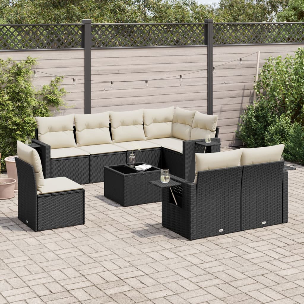 Set Divani da Giardino 9 pz con Cuscini Nero in Polyrattan - homemem39