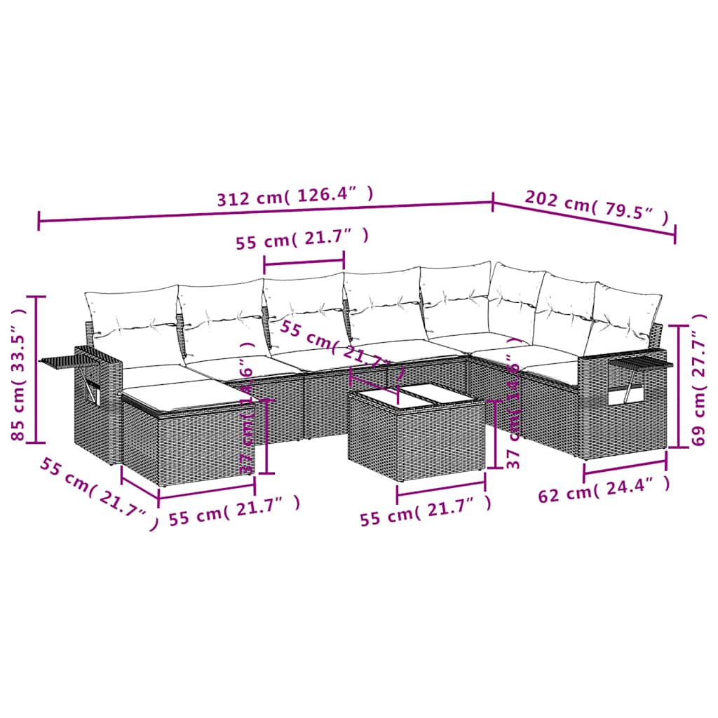 Set Divani da Giardino 9 pz con Cuscini Nero in Polyrattan