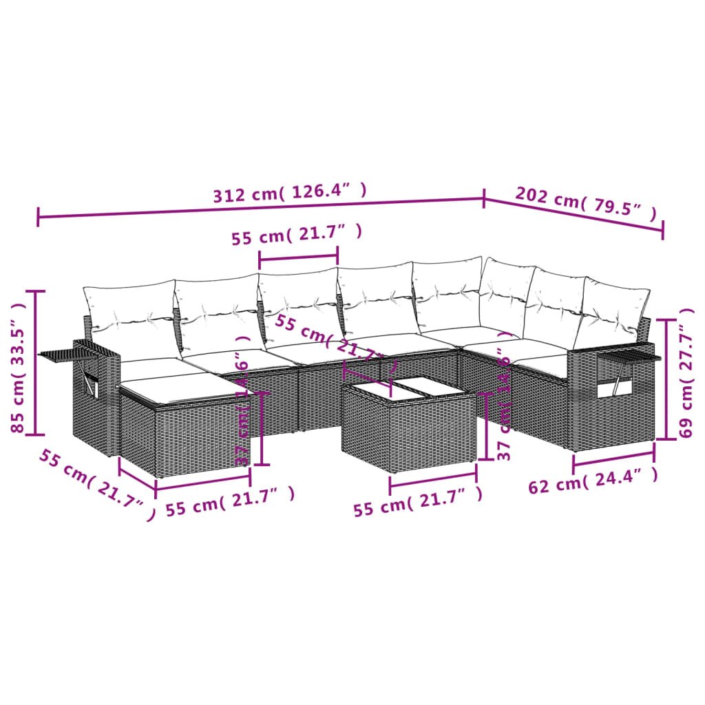 Set Divani da Giardino 9 pz con Cuscini Nero in Polyrattan