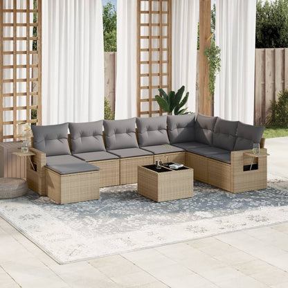 Set Divano da Giardino 9 pz con Cuscini Beige in Polyrattan