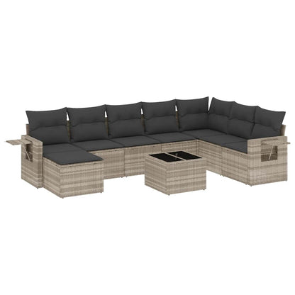 Set Divano da Giardino 9pz con Cuscini grigio chiaro Polyrattan