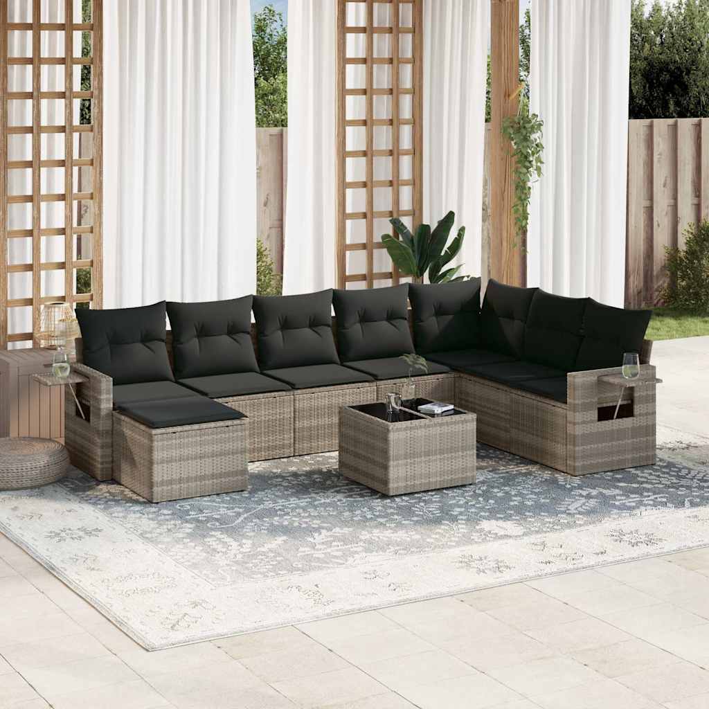 Set Divano da Giardino 9pz con Cuscini grigio chiaro Polyrattan