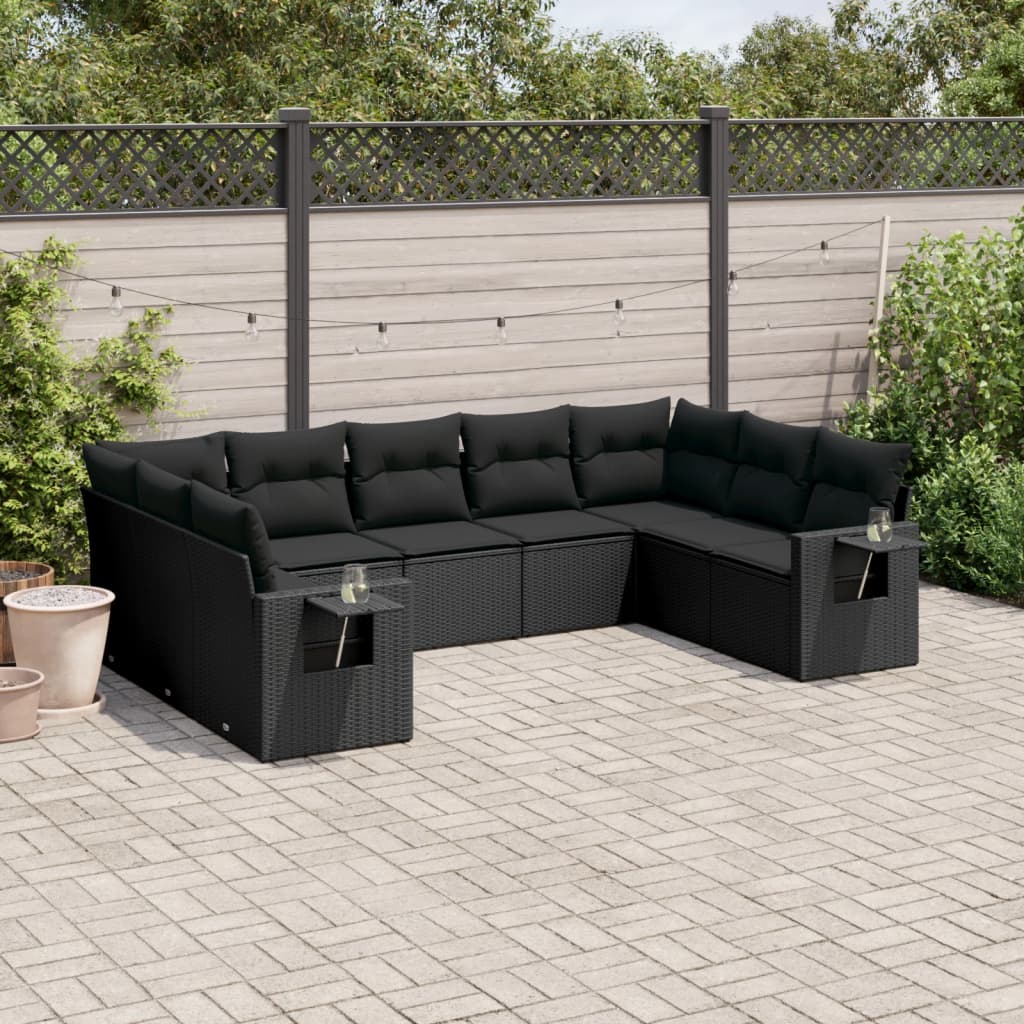 Set Divani da Giardino 9 pz con Cuscini Nero in Polyrattan - homemem39