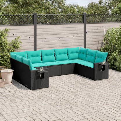 Set Divani da Giardino 9 pz con Cuscini Nero in Polyrattan