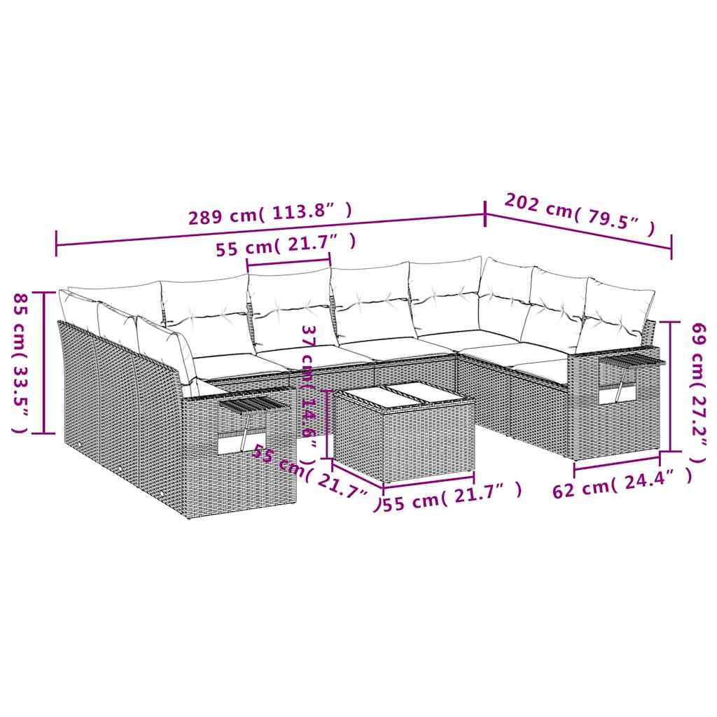 Set Divani da Giardino 10pz con Cuscini in Polyrattan Nero | homemem39