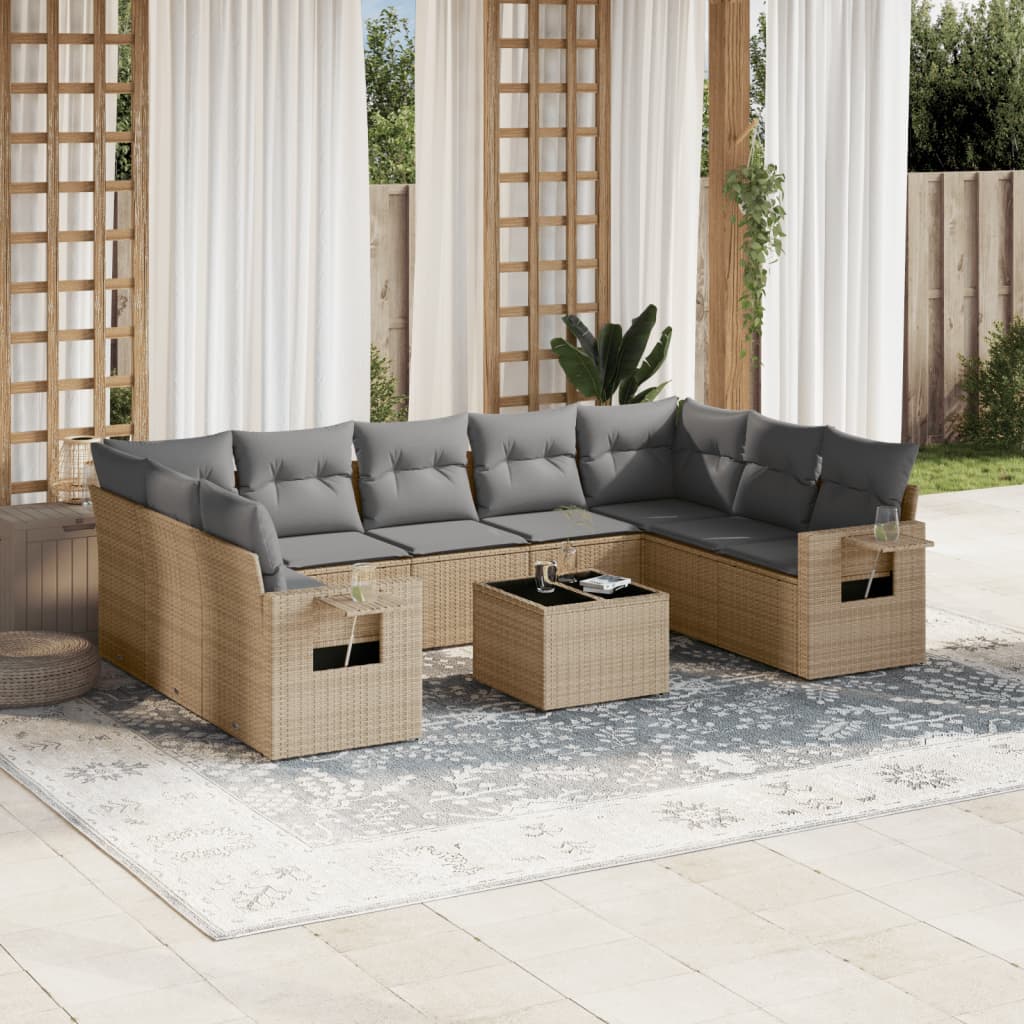 Set Divano da Giardino 10 pz con Cuscini Beige in Polyrattan - homemem39