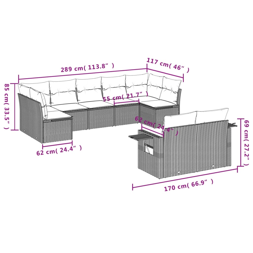 Set Divani da Giardino 9 pz con Cuscini Nero in Polyrattan | homemem39