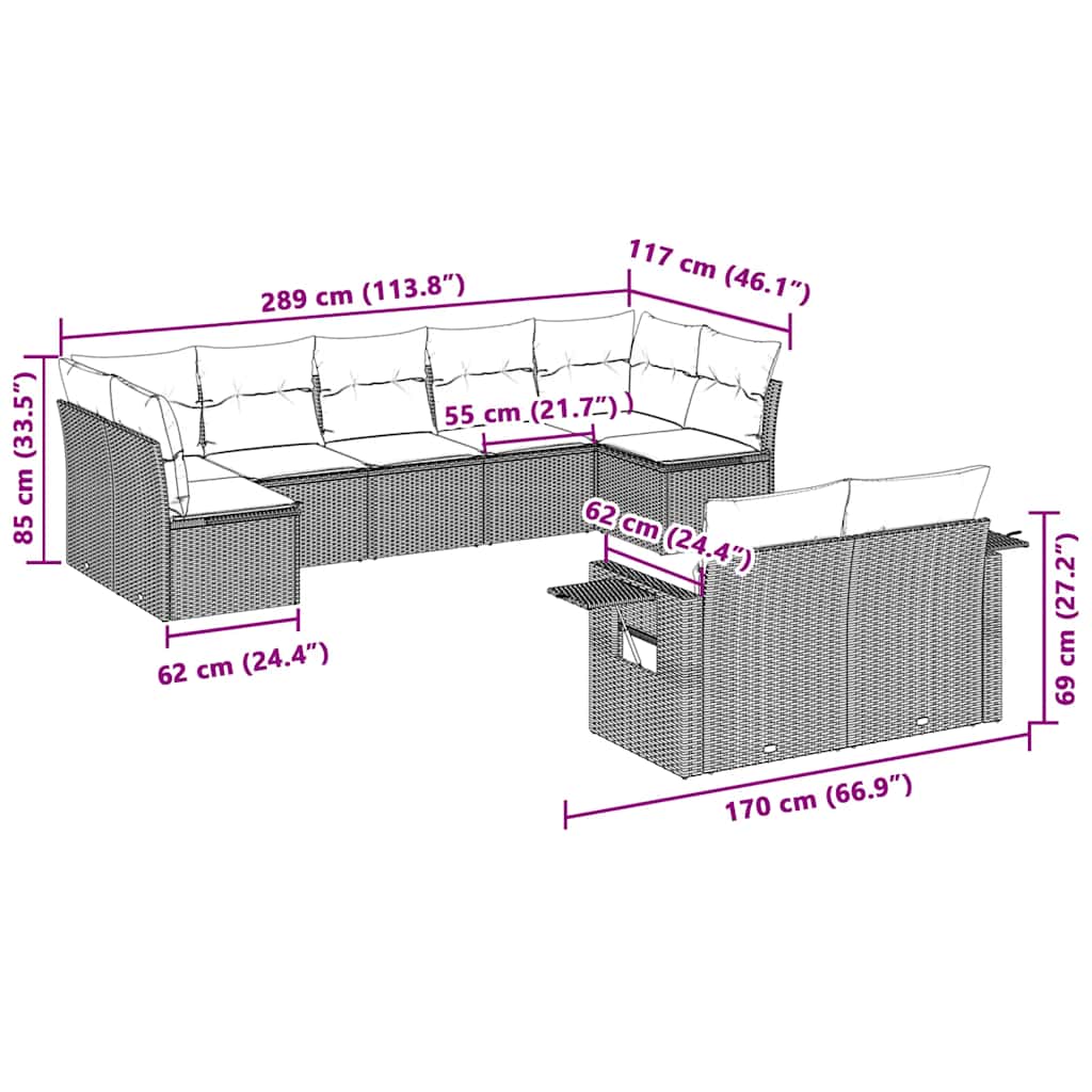 Set Divano da Giardino 9pz con Cuscini Grigio Chiaro Polyrattan