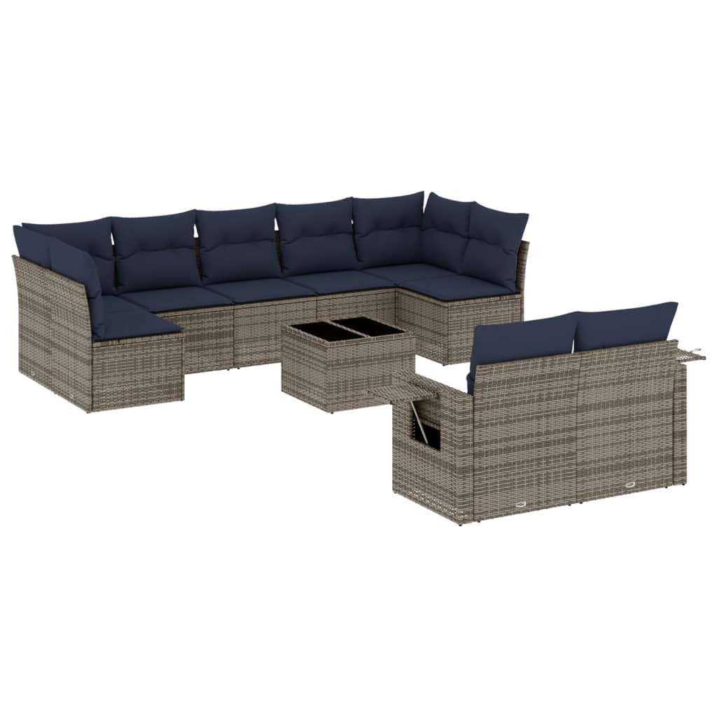 Set Divani da Giardino 10 pz con Cuscini Grigio in Polyrattan