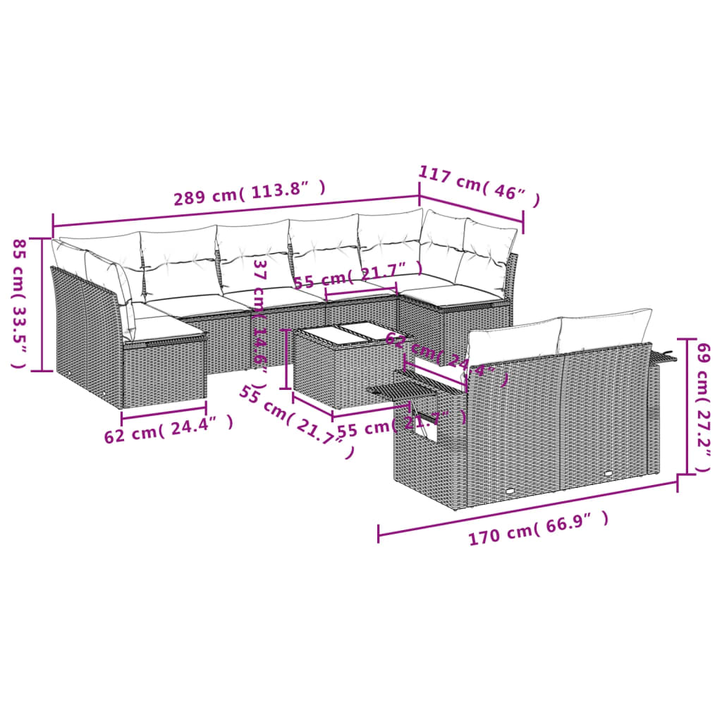 Set Divani da Giardino 10 pz con Cuscini Grigio in Polyrattan