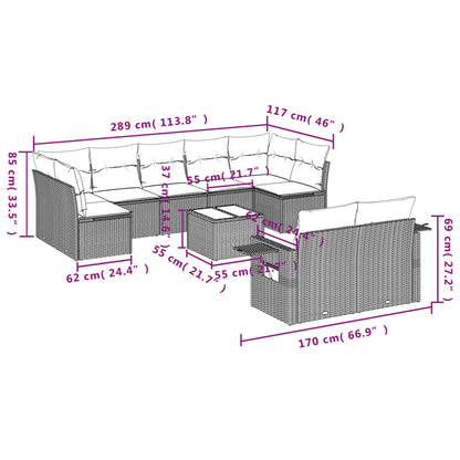 Set Divani da Giardino 10 pz con Cuscini Grigio in Polyrattan