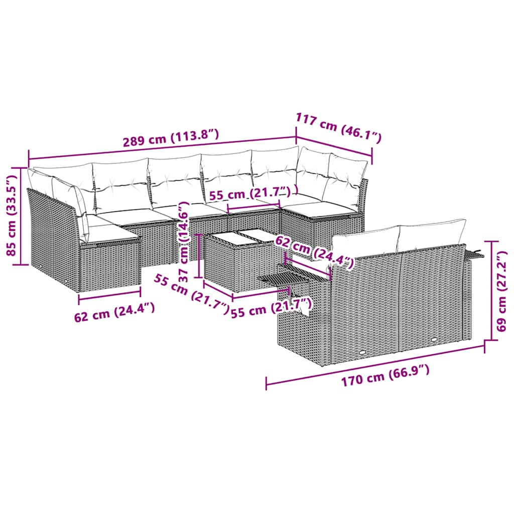 Set Divano Giardino 10 pz con Cuscini Grigio Chiaro Polyrattan