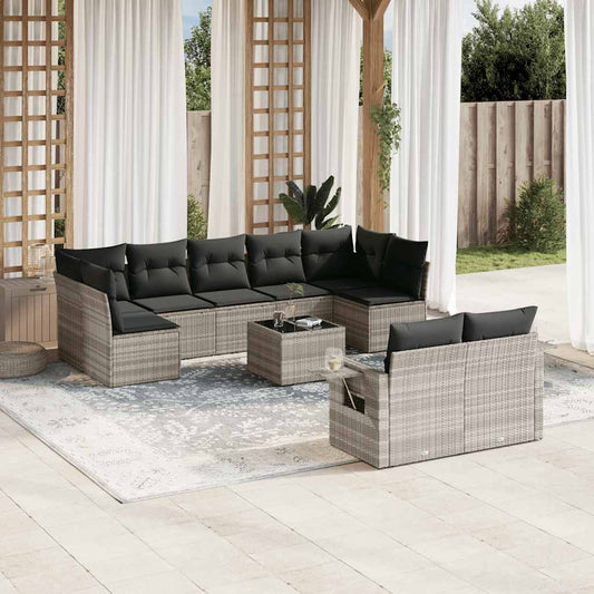 Set Divano Giardino 10 pz con Cuscini Grigio Chiaro Polyrattan - homemem39