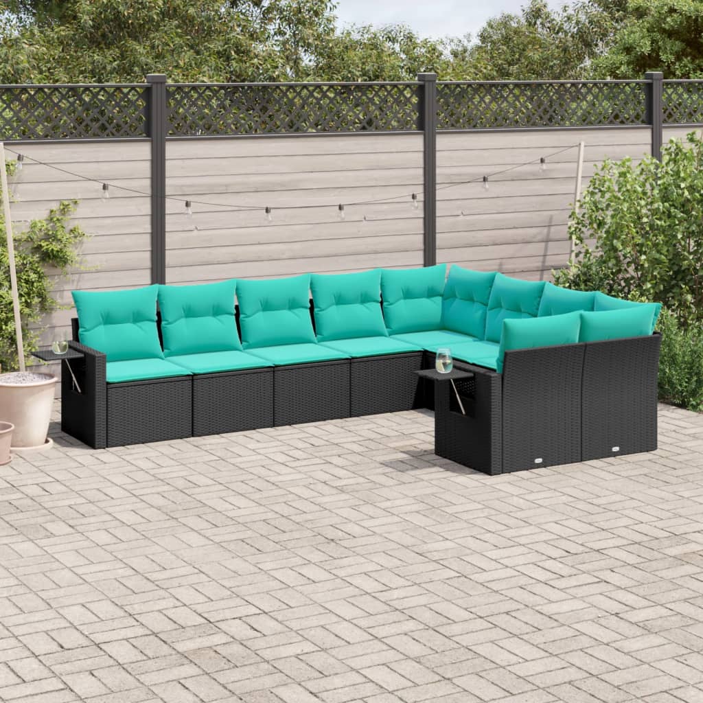 Set Divani da Giardino 9 pz con Cuscini Nero in Polyrattan