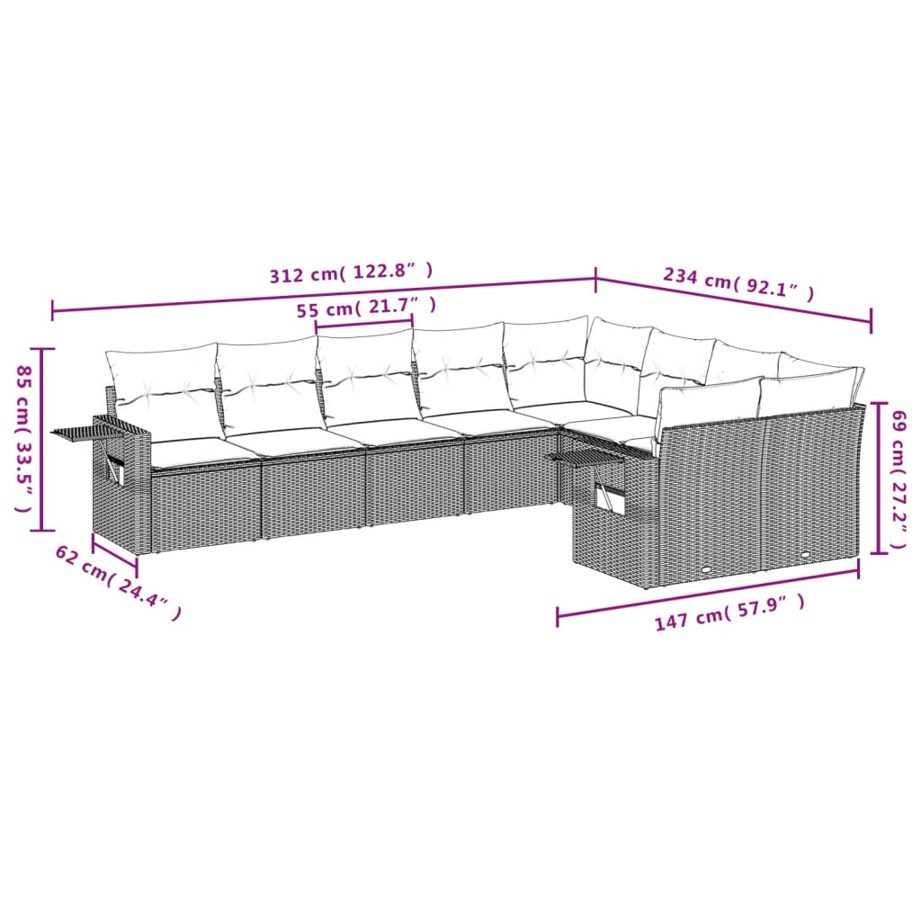 Set Divano da Giardino 9 pz con Cuscini Grigio in Polyrattan | homemem39