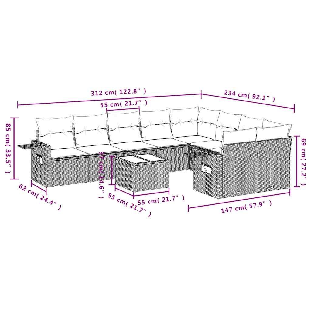 Set Divani da Giardino 10pz con Cuscini in Polyrattan Nero | homemem39