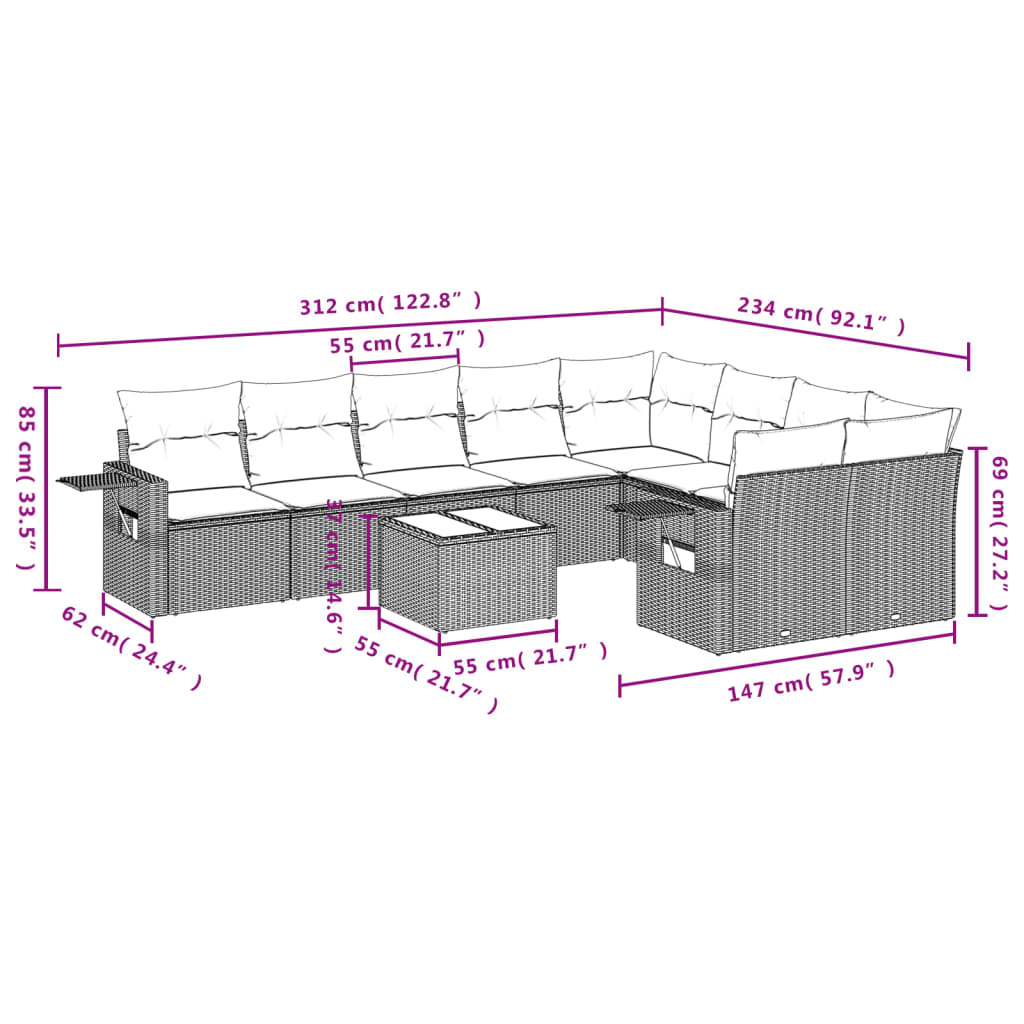 Set Divani da Giardino 10 pz con Cuscini Marrone in Polyrattan | homemem39