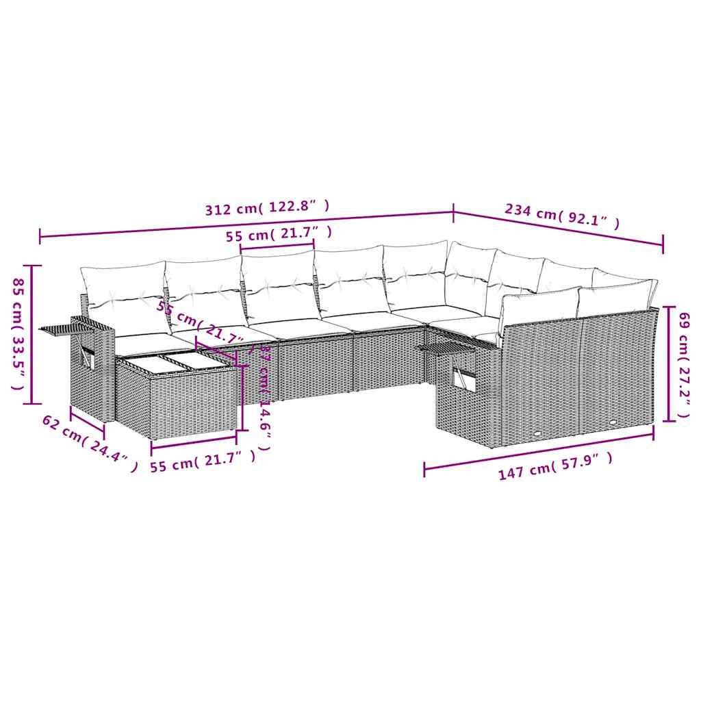 Set Divani da Giardino 10pz con Cuscini in Polyrattan Nero | homemem39