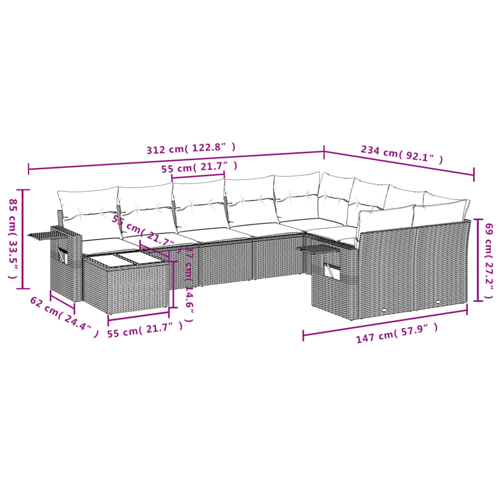 Set Divano da Giardino 10 pz con Cuscini Beige in Polyrattan | homemem39