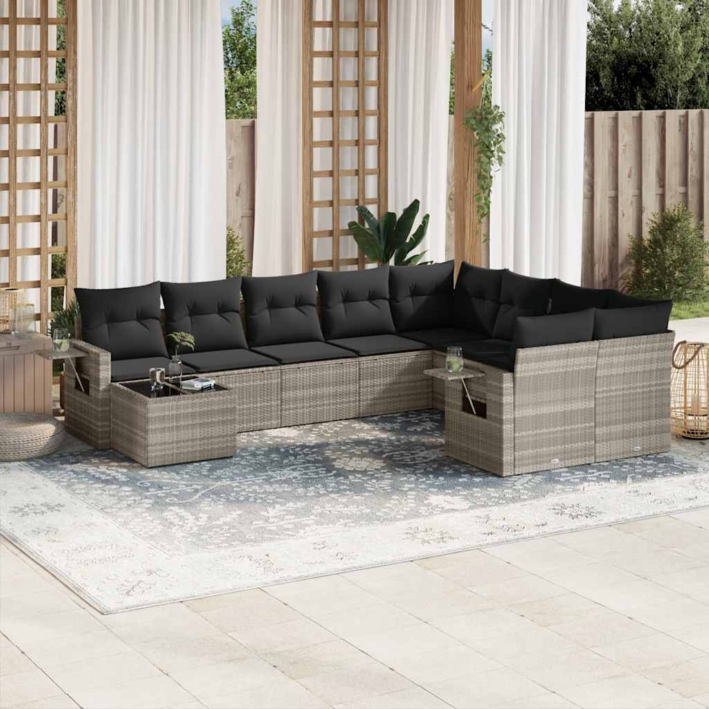 Set Divano Giardino 10 pz con Cuscini Grigio Chiaro Polyrattan - homemem39