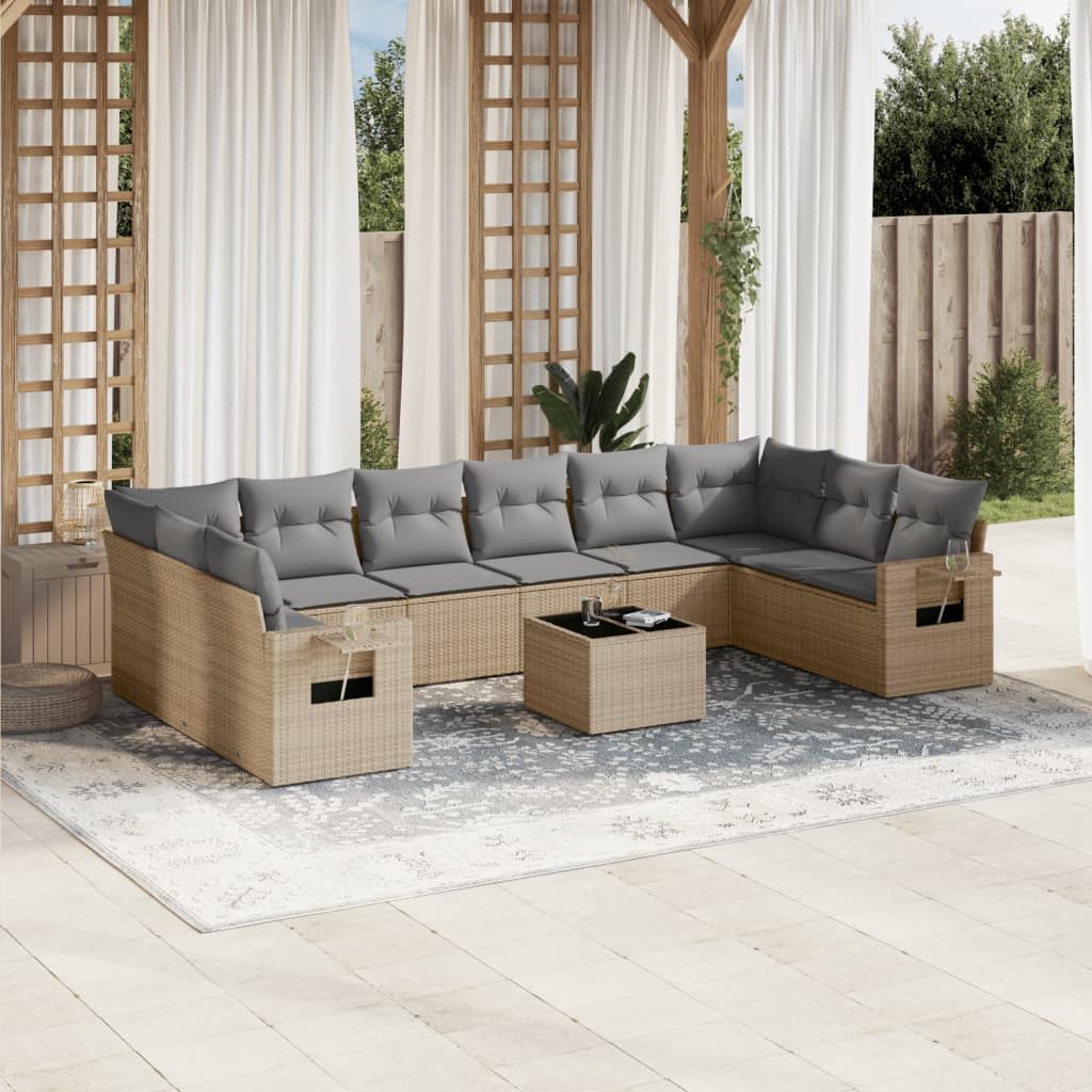 Set Divani da Giardino 11 pz con Cuscini Beige in Polyrattan - homemem39