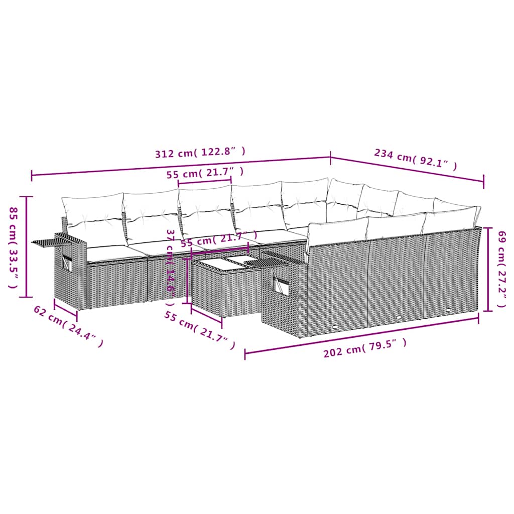 Set Divani da Giardino 11 pz con Cuscini in Polyrattan Grigio