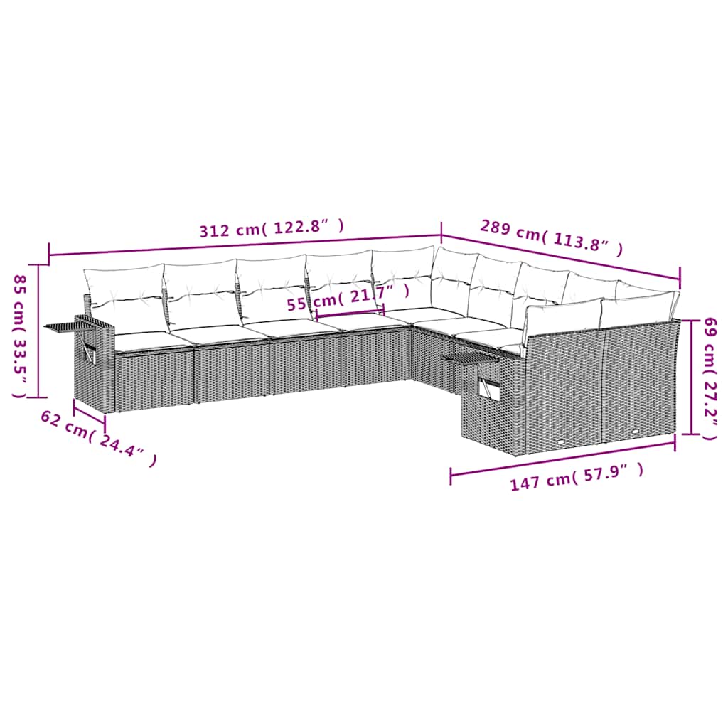Set Divani da Giardino 10pz con Cuscini in Polyrattan Marrone | homemem39