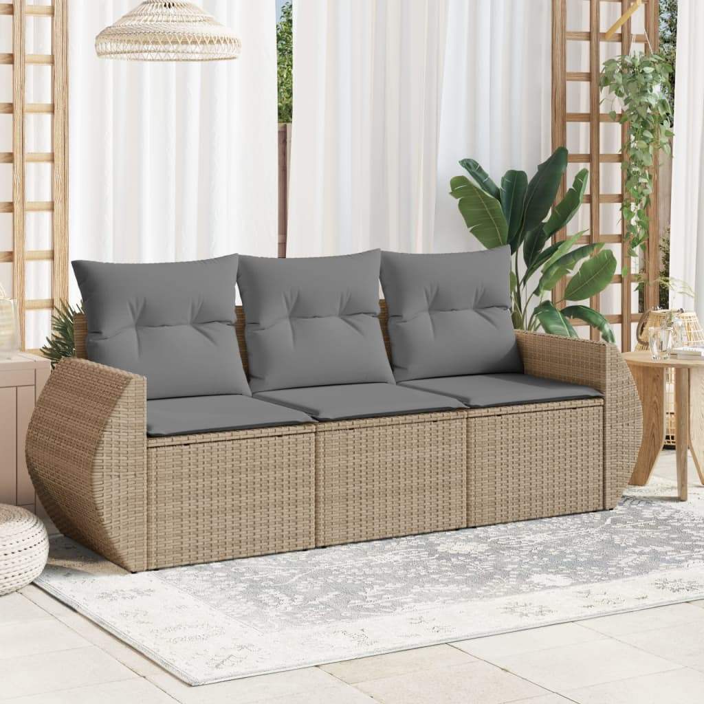 Set Divano da Giardino 3 pz con Cuscini Beige in Polyrattan - homemem39